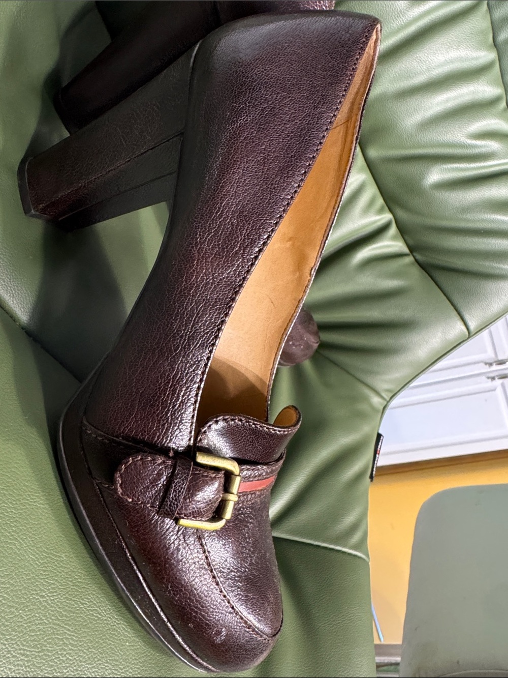 Naturalizer Brown Leather Loafer with Gold Buckle and Red Accent, worn once